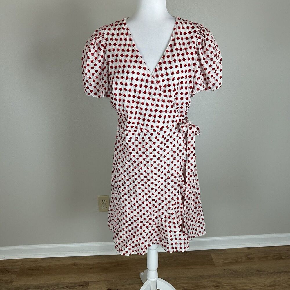 Draper James XL Embroidered Wrap Dress Floral Red White Puff Sleeve Mini Cottage